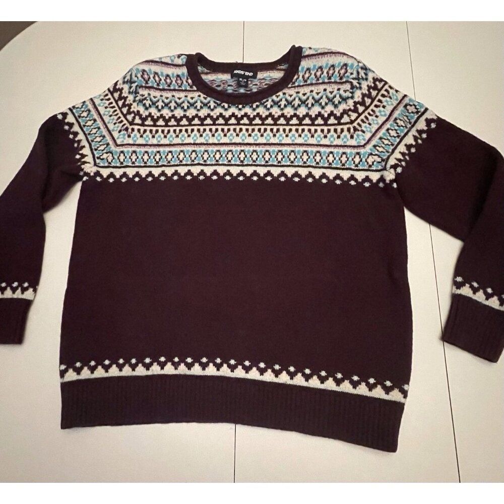 Land's End Nordic Wine Blue & Pink Pullover Sweater Women's Sz XL /P Wool‎ Blend
